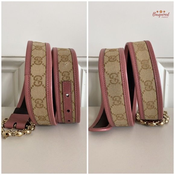 Authentic Gucci Pink Monogram Canvas Leather Gold Chain Buckle Belt Size 80/32 - Picture 8 of 14